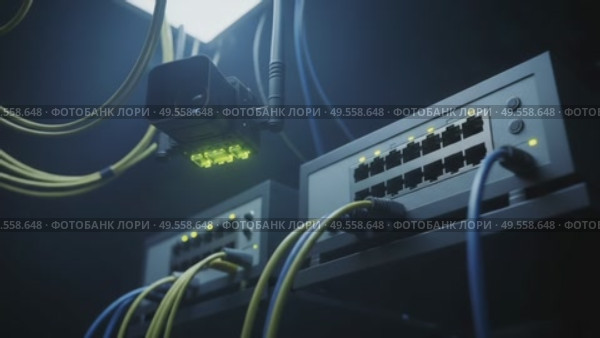 Data network switch with connected cables in dimly lit environment. Стоковое AI-видео, аниматор KATERINA AI / Фотобанк Лори