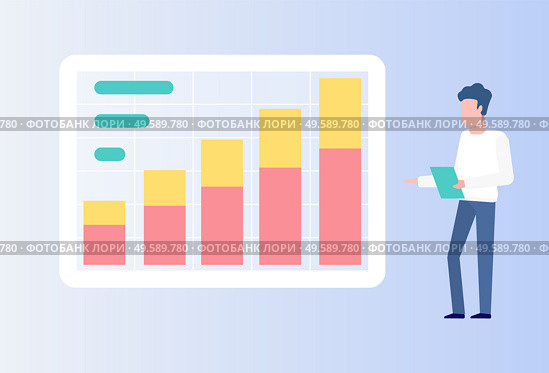 Data on business stats and project results vector, male giving report reading from paper document, isolated person with screen and infochart info. Business Man Giving Presentation with Information. Стоковая иллюстрация, агентство Ingram Publishing / Фотобанк Лори
