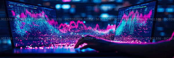 Data Science Concept: Neon graph analysis on dual screen for financial modelling, software interface with hand using keyboard. Стоковое AI-изображение, AI-художник Данила Большаков / Фотобанк Лори