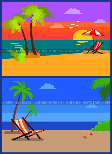 Day and eve on tropical island summertime paradise sandy beach, chaise longue under palm tree, striped umbrella over sunbed, sunset at coastline vector. Day and Eve on Tropical Island Summertime Paradise. Стоковая иллюстрация, агентство Ingram Publishing / Фотобанк Лори