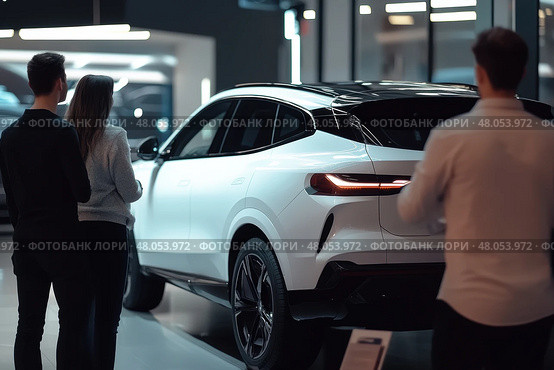 Dealer New Cars Stock. Cars For Sale Lot. Rear view of new luxury white car parked in a row. Selective focus on white shiny car. Car dealership concept. Automotive industry sanction crisis concept. Стоковое AI-изображение, AI-художник Марина Демидюк / Фотобанк Лори