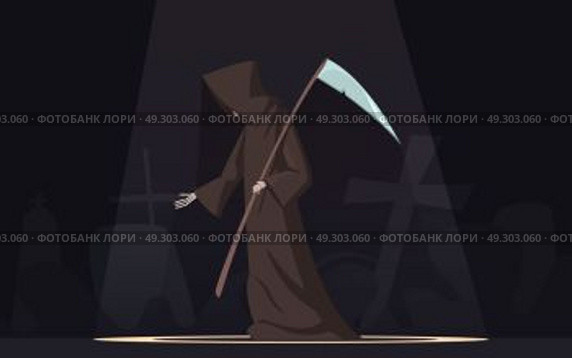 Death With Scythe Symbol Cartoon Image. Death with scythe traditional black-hooded grim reaper symbolic figure in spotlight dark background poster cartoon vector illustration . Стоковая иллюстрация, агентство Ingram Publishing / Фотобанк Лори