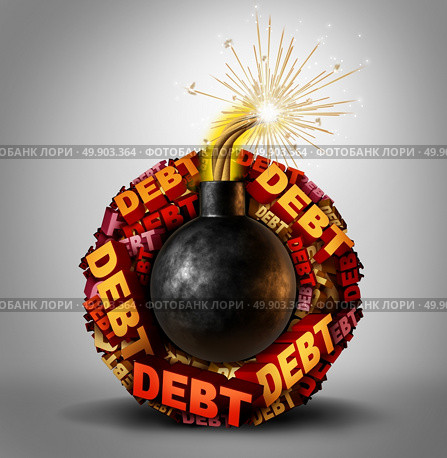Debt bomb business and finance concept as an explosive lit dynamite object with a group of text around it representing dangerous liability and financial deadline stress and vulnerability as a 3D illustration. Стоковое фото, агентство Ingram Publishing / Фотобанк Лори