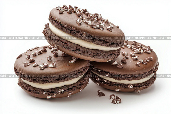 Decadent chocolate macarons stacked with a sprinkle of crushed candy. Шоколадные macarons с декадентским вкусом, посыпанные дроблеными конфетами. Стоковое AI-изображение, AI-художник Katsiaryna Repich / Фотобанк Лори
