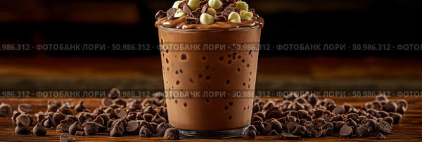 Decadent Chocolate Milkshake Delight: Creamy Drink Topped with Dark and White Chocolate Chips, Surrounded by Rich Scatter of Cocoa Morsels on Rustic Wooden Table. Стоковое AI-изображение, AI-художник Данила Большаков / Фотобанк Лори