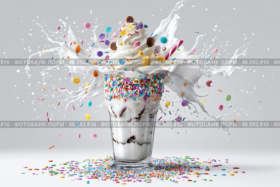 Decadent dessert showcases vibrant splash of milk and toppings. коктейль, десерт яркие брызги молока и начинки. Стоковое AI-изображение, AI-художник Katsiaryna Repich / Фотобанк Лори