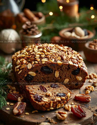 December 22 is National Date Nut Bread Day. This dish originates from Scotland, the first printed recipe appeared in the 1930s, it is usually prepared on the eve of Christmas and New Year. Стоковое AI-изображение, AI-художник Сергей Елизарьев / Фотобанк Лори