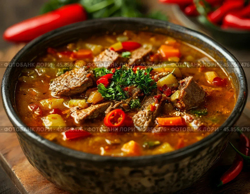 December 29 is National Pepper Pot Soup Day. This is a spicy, rich soup created in the 18th century. It is rich in meat and vegetables, as well as hot peppers. It is considered one of the hottest soups in the world. Стоковое AI-изображение, AI-художник Сергей Елизарьев / Фотобанк Лори