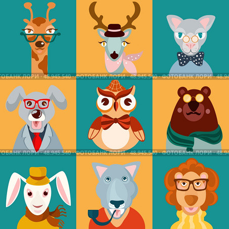 Decorative animal hipsters icons set cat bear owl lion isolated vector illustration. Стоковая иллюстрация, агентство Ingram Publishing / Фотобанк Лори