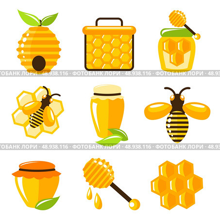 Decorative honey bee hive and cell food agriculture icons set isolated vector illustration. Стоковая иллюстрация, агентство Ingram Publishing / Фотобанк Лори