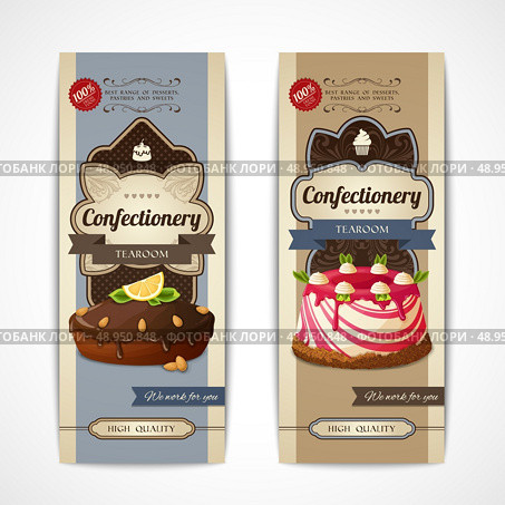 Decorative sweets vertical retro banners collection with chocolate cake and pudding isolated vector illustration. Стоковая иллюстрация, агентство Ingram Publishing / Фотобанк Лори