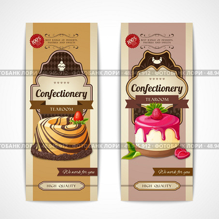 Decorative sweets vertical vintage banners set with berry pudding isolated vector illustration. Стоковая иллюстрация, агентство Ingram Publishing / Фотобанк Лори