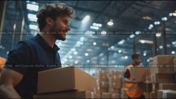 Dedicated worker sorts packages in busy warehouse during evening shift. Стоковое AI-видео, аниматор Сергей Толмачёв / Фотобанк Лори