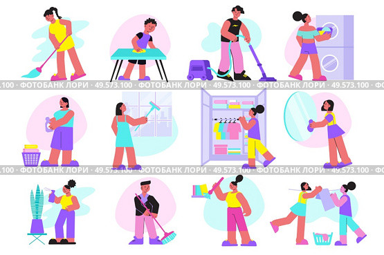 Deep spring cleaning flat set with wardrobe clothing decluttering dusting shelves washing windows vacuum cleaning vector illustration. Стоковая иллюстрация, агентство Ingram Publishing / Фотобанк Лори