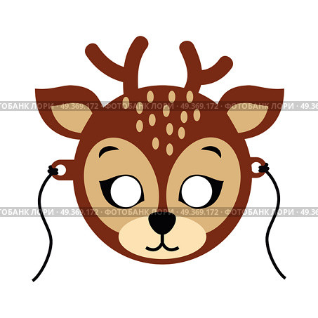 Deer Carnival Mask. Spotted Reindear with Horns. Deer animal carnival mask vector illustration in flat style. Spotted dear with horns face. Childish masquerade mask isolated on white. New Year masque for festivals, holiday dress code for kids. Стоковая иллюстрация, агентство Ingram Publishing / Фотобанк Лори