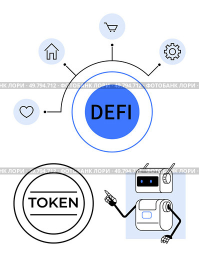 DEFI token symbol connected to home shopping cart, gear, and heart icons. Robot character pointing. Ideal for technology, finance, decentralization, blockchain, cryptocurrency, smart contracts. Decentralized Finance Concept with Icons Representing Home, Shopping Cart, Gear, and Heart. Стоковая иллюстрация, агентство Ingram Publishing / Фотобанк Лори