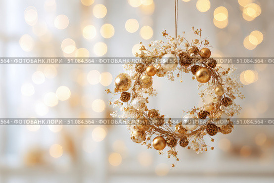 Delicate wreath of golden Christmas decorations hangs on the white wall. Magic and joy festive celebrations during the winter season. Elegant gold and silver Ornaments beautifully decorated setting. Стоковое AI-изображение, AI-художник Марина Демидюк / Фотобанк Лори