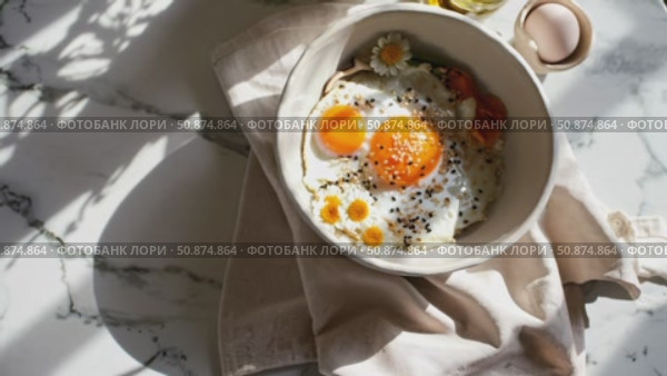 Delicious and healthy breakfast with fried eggs, sesame seeds, daisies, and vegetables served in a bowl on a marble table with natural light creating shadows. Стоковое AI-видео, аниматор Данил Руденко / Фотобанк Лори