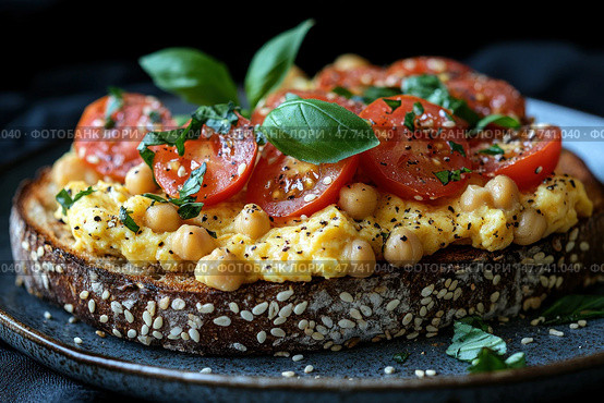 Delicious and nutritious breakfast - close-up of a sesame seed toast topped with a light fried egg, chickpeas, juicy cherry tomato slices and fresh basil leaves. The dish is garnished with freshly ground pepper and sesame seeds, served on a ceramic plate with a dark background that highlights the bright colors of the ingredients. A perfect shot for healthy eating ads, restaurant menus, food blogs, articles about diets and vegetarian lifestyle. Стоковое AI-изображение, AI-художник Анна Кривицкая / Фотобанк Лори