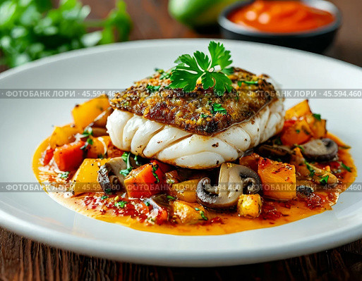 Delicious baked fish - hake with champignons, onions, tomatoes and cheese. Enjoy your meal! Стоковое AI-изображение, AI-художник Сергей Елизарьев / Фотобанк Лори