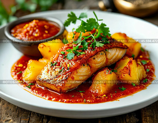 Delicious baked fish - hake with champignons, onions, tomatoes and cheese. Enjoy your meal! Стоковое AI-изображение, AI-художник Сергей Елизарьев / Фотобанк Лори