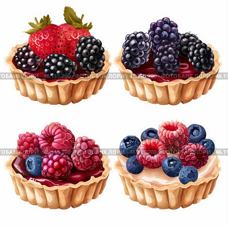 Delicious berry tarts with strawberries, blackberries, raspberries, and blueberries filling shortcrust pastry shells. Стоковое AI-изображение, AI-художник Иван Рябоконь / Фотобанк Лори