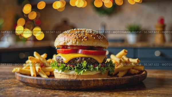 Delicious burger and French fries in home kitchen with Christmas decor, lights of garland. Delivery from fast food restaurant, menu burger home cooking for New year. AI generated; Стоковое AI-видео, аниматор Ольга Симонова / Фотобанк Лори