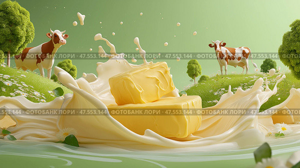 Delicious butter splashing in milk with cows grazing in serene landscape. В центре - масло, плещущееся в сливочном молоке, и коровы, мирно пасущиеся на ярком зеленом холме. Сцена запечатлела свежий и идиллический момент сельской жизни. Стоковое AI-изображение, AI-художник Katsiaryna Repich / Фотобанк Лори