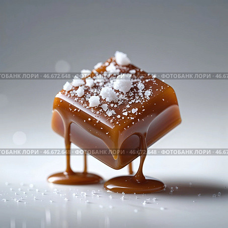 Delicious caramel dessert with a glossy finish and a sprinkle of sea salt on a reflective surface. Стоковое AI-изображение, AI-художник Сергей Толмачёв / Фотобанк Лори