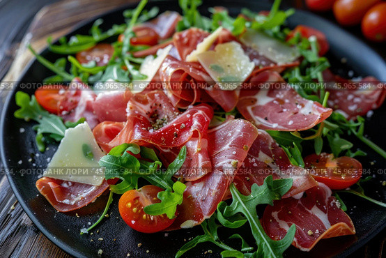 Delicious coppa ham salad with arugula, cherry tomatoes and parmesan cheese shavings. Стоковое AI-изображение, AI-художник Иван Рябоконь / Фотобанк Лори