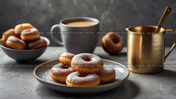 Delicious dessert. Donuts with white icing sugar and powdered sugar on a gray table. Confectionery products. Bakery products. Стоковое AI-изображение, AI-художник Photojuli / Фотобанк Лори