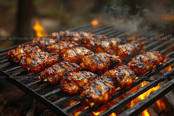 Delicious grilled chicken wings. The meat is covered with a golden brown, caramelized crust, with characteristic grill marks in places. Juicy and flavorful, it is slowly cooked over an open fire, releasing smoke and a tempting aroma. Flames and coals create the atmosphere of a cozy picnic or a summer evening in nature. It is clear that the wings are generously covered with marinade or barbecue sauce, giving them a rich color and shine. Стоковое AI-изображение, AI-художник Анна Кривицкая / Фотобанк Лори