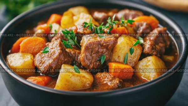 Delicious homemade beef stew with potatoes and carrots in a black bowl. The hearty dish is garnished with fresh green herbs and served on a dark table. The photo emphasizes warmth, comfort, and rustic flavors, making it perfect for illustrating seasonal food, winter meals, or festive family dinners. This dish is especially popular in Russia during colder months and fits the mood of traditional celebrations or cozy gatherings. Стоковое AI-видео, аниматор Ксения Чунаева / Фотобанк Лори