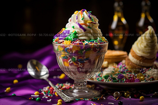 Delicious ice cream sundae with colorful sprinkles overflowing on purple satin. Стоковое AI-изображение, AI-художник Иван Рябоконь / Фотобанк Лори