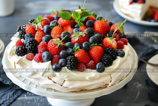 Delicious meringue cake decorated with fresh berries and mint leaves. Стоковое AI-изображение, AI-художник Иван Рябоконь / Фотобанк Лори