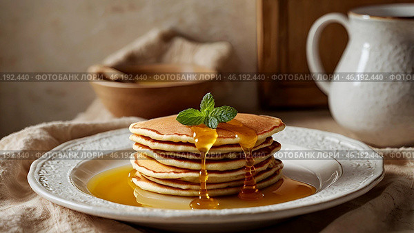 Delicious pancakes with honey and mint leaves on a stylish plate in a beige kitchen. The concept of the Russian holiday Maslenitsa. Стоковое AI-изображение, AI-художник Photojuli / Фотобанк Лори