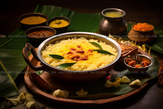 Delicious pongal with traditional spices and condiments celebrating south indian cuisine. Стоковое AI-изображение, AI-художник Иван Рябоконь / Фотобанк Лори