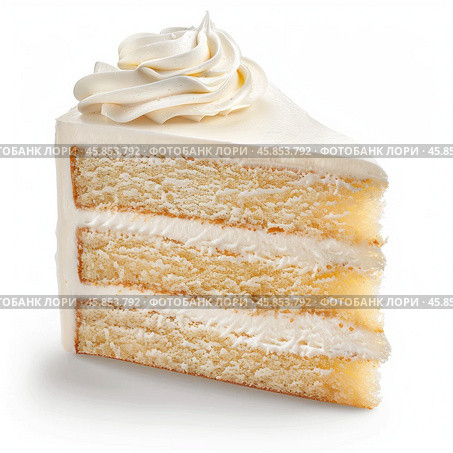 Delicious slice of triple layer vanilla cake with buttercream frosting. Стоковое AI-изображение, AI-художник Иван Рябоконь / Фотобанк Лори