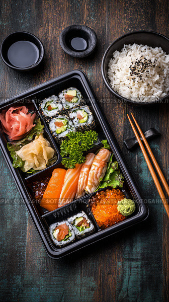 Delicious Sushi Bento Box With Fresh Ingredients Served on Wooden Table. Стоковое AI-изображение, AI-художник Юлия Гапеенко / Фотобанк Лори