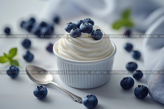 Delicious whipped cream topped with fresh blueberries displayed on a table. Вкусные взбитые сливки со свежей черникой на столе. Стоковое AI-изображение, AI-художник Katsiaryna Repich / Фотобанк Лори