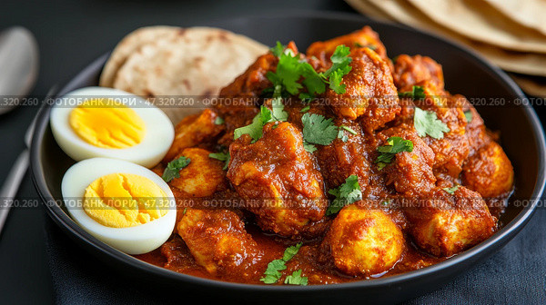 Deliciously spicy Ethiopian doro wat served with injera bread and boiled eggs garnished with fresh herbs. Стоковое AI-изображение, AI-художник 123 12 / Фотобанк Лори