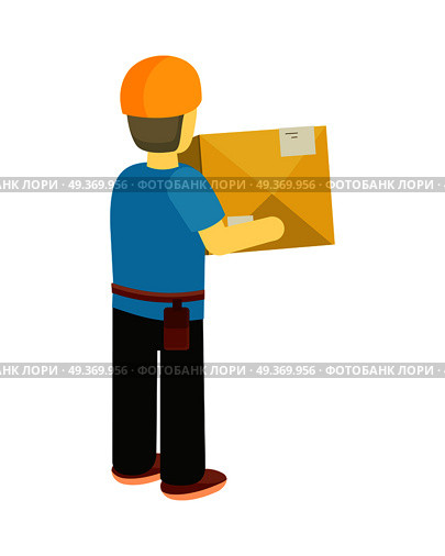 Delivery man holds package in his hands. Manager deliver goods to designated place. Equipment delivery process of warehouse. Loader man isolated on white background. Business delivery of cargo. Vector. Delivery Man Worker Holds Package in his Hands. Стоковая иллюстрация, агентство Ingram Publishing / Фотобанк Лори