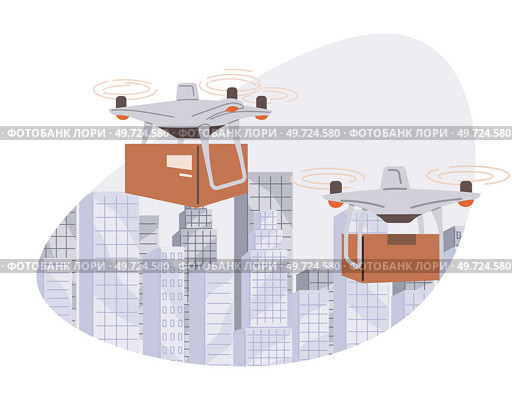 Delivery service with copter, shipping parcel package. Transportation of goods using flying copter. Future technologies online delivery of boxes. Helicopter, quadcopter with box smart urban logistics. Helicopter, quadcopter for smart urban logistics. Delivery service with copter, shipping parcels. Стоковая иллюстрация, агентство Ingram Publishing / Фотобанк Лори
