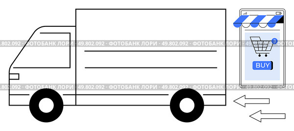 Delivery truck and mobile phone with buy button symbolize the online shopping process. Ideal for e-commerce, deliveries, logistics, retail, and technology. Simple vector style. Online Shopping Delivery Concept with Truck and Mobile Phone. Стоковая иллюстрация, агентство Ingram Publishing / Фотобанк Лори