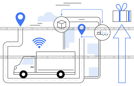 Delivery truck moving along a route with GPS markers, connected to a smartphone. Gift box and upward arrow. Ideal for logistics, e-commerce, navigation, delivery service, supply chain management. Efficient Package Delivery Concept with GPS Tracking and Wireless Connectivity for Modern Logistics. Стоковая иллюстрация, агентство Ingram Publishing / Фотобанк Лори