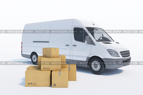 Delivery van with a paper boxes on white background. Стоковая иллюстрация, иллюстратор Дмитрий Кутлаев / Фотобанк Лори