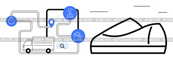 Delivery vehicle navigating supply chain map with icons for factory, warehouse, and timer. Line drawing of a shoe. Ideal for logistics, supply chain management, delivery tracking, manufacturing. Supply Chain Logistics and Delivery Tracking with Product Lifecycle in Illustrated Concept. Стоковая иллюстрация, агентство Ingram Publishing / Фотобанк Лори