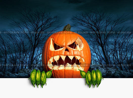 Demon pumpkin sign as an angry scary orange  jack o lantern in a haunted dark autumn forest holding a blank sign with copy space as a symbol of a fun frightful seasonal holiday concept. Стоковое фото, агентство Ingram Publishing / Фотобанк Лори