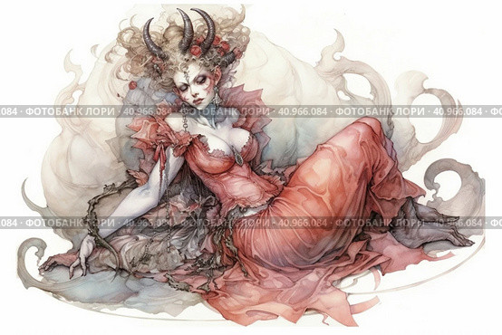 Demon woman on white background, watercolor style, Generative AI. Стоковое AI-изображение, AI-художник Анна Кривицкая / Фотобанк Лори