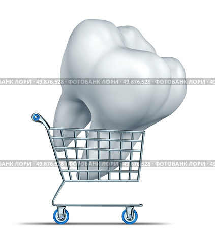 Dental insurance shopping and choosing an affordable tooth protection strategy including medical group plan that lowers the price of oral care including braces root canal and fixing teeth costs with a cart carrying a molar. Стоковое фото, агентство Ingram Publishing / Фотобанк Лори
